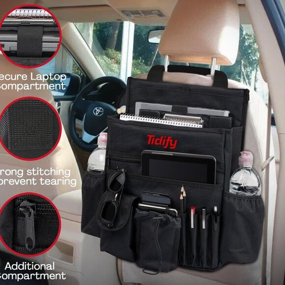 Back Seat Car Organizer with Dedicated Tablet and Laptop Storage Stabilizing Sid - Picture 3 of 7